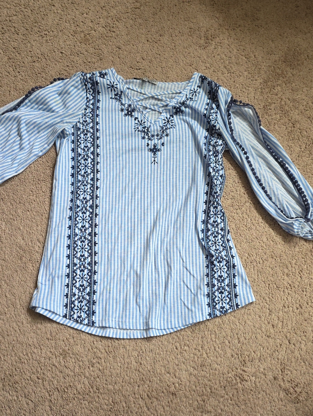 Absolutely Famous Light Blue & Navy Striped Embroidered V-Neck Blouse